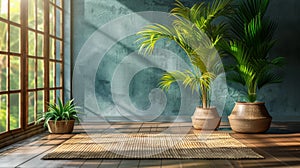 zen home decor, plants in pots and bamboo mat in calm room embody simple living with nature photo