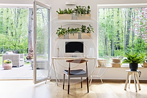 Zen home office with computer in a beautiful, spacious living room interior with plants and an outside view through big windows