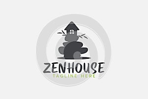 zen house logo with a combination of a house, leaves and stacked stones