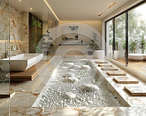 Zen-inspired bathroom with a pebble floor and bamboo accents