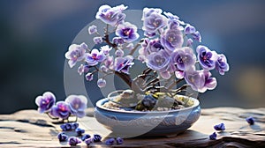 Zen-inspired Blue Pot With Purple Flowers: A Zbrush Masterpiece