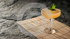 Zen-Inspired Cocktail on Bamboo Mat with Minimalist Aesthetics