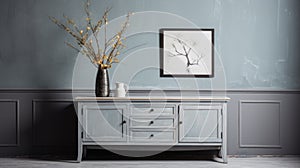 Zen-inspired Grey Sideboard With Floral Branches And Blue Paintings