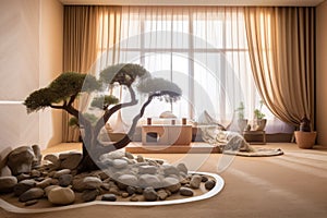 zen-inspired room with a sand garden and a bonsai tree