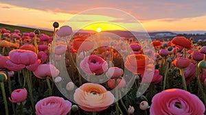 Zen-inspired Sunset Field Of Pink And Orange Flowers