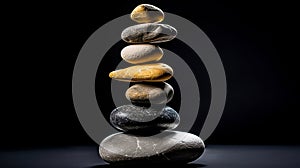 Zen-Inspired Tower of Polished Rocks Gleaming in Black and Gold Against a Stark Backdrop. Generative Ai.