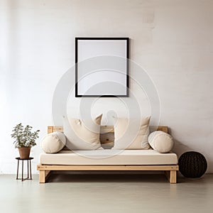 Zen-inspired Wooden Frame Couch In Monochromatic Interior