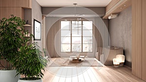 Zen interior with potted bamboo plant, natural design concept, minimalist living room in beige tones, wooden and concrete details