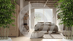 Zen interior with potted bamboo plant, natural interior design concept, cosy peaceful bedroom with carpet, double bed, pouf and
