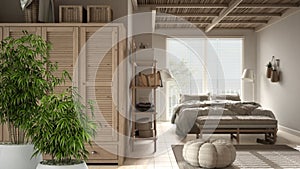 Zen interior with potted bamboo plant, natural interior design concept, cosy peaceful bedroom with carpet, double bed, wardrobe