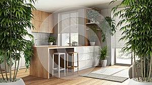 Zen interior with potted bamboo plant, natural interior design concept, living room and kitchen with island, cabinets and