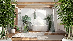 Zen interior with potted bamboo plant, natural interior design concept, wooden bathroom with freestanding bathtub and washbasin,