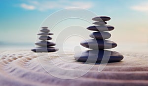 Zen-like balanced stones in stack. Harmony and meditation concept. 3D rendered illustration.