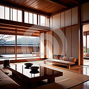 Zen living room, japanese style architecture, modern and open