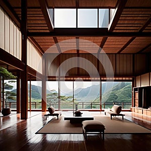 Zen living room, japanese style architecture, modern and open