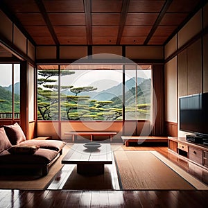 Zen living room, japanese style architecture, modern and open