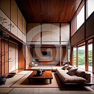 Zen living room, japanese style architecture, modern and open