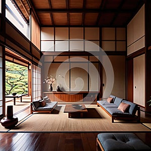 Zen living room, japanese style architecture, modern and open