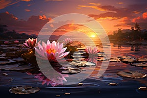 Zen lotus floats, sunset hues dance on water, a tranquil spectacle
