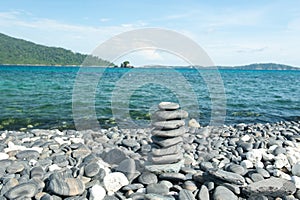 Zen meditation background,Balanced stones stack close up on sea
