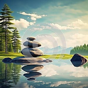 Zen Meditation Landscape with Calm and Spiritual Nature Environment and Stone Balance