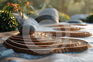 Zen meditation space, raked sand, one stone