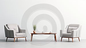 Zen Minimalism: Gray Chairs And Coffee Table In A White Room