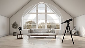 Zen Minimalism Living Room With Tripod And Big Window