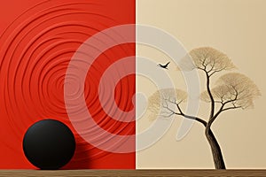 Zen minimalism optical illusions, calm minimalist portraits, red and black fictional landscapes