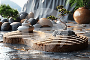 Zen oasis, raked sand, centered stone