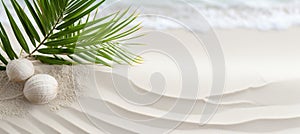 Zen pattern in white sand with palm leaves for spa background, meditation, and relaxation concept.