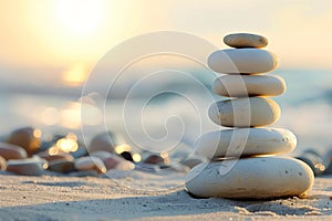 Zen pebbles stack on a tranquil beach