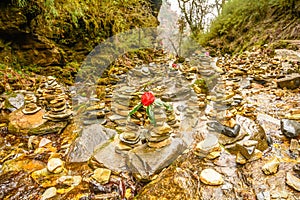 Zen rock arrangement along hiking trail mountains of Nepal