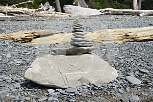 Zen rock on beach with wood