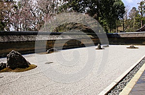 Zen Rock Garden in Ryoanji Temple in the spring, Kyoto, Japan