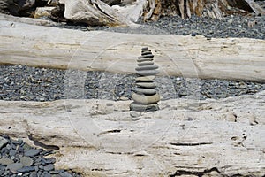 Zen rock on wood on beach