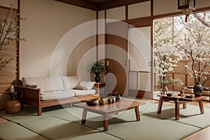 Zen room interior wooden wall on tatami mat floor, low table and armchair.ing