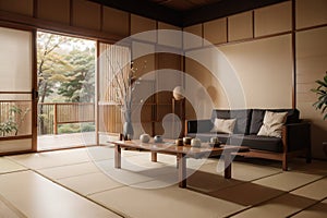 Zen room interior wooden wall on tatami mat floor, low table and armchair.ing