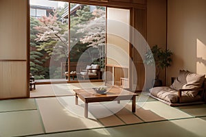 Zen room interior wooden wall on tatami mat floor, low table and armchair.ing