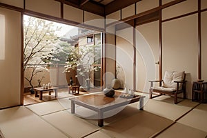 Zen room interior wooden wall on tatami mat floor, low table and armchair.ing