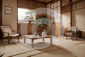 Zen room interior wooden wall on tatami mat floor, low table and armchair.ing