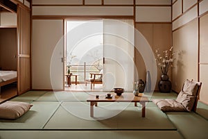 Zen room interior wooden wall on tatami mat floor, low table and armchair.ing