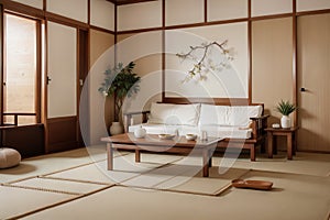 Zen room interior wooden wall on tatami mat floor, low table and armchair.ing