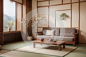 Zen room interior wooden wall on tatami mat floor, low table and armchair.ing