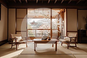 Zen room interior wooden wall on tatami mat floor, low table and armchair.ing