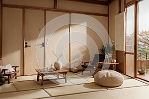 Zen room interior wooden wall on tatami mat floor, low table and armchair.ing