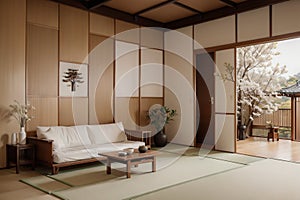 Zen room interior wooden wall on tatami mat floor, low table and armchair.ing