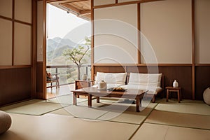 Zen room interior wooden wall on tatami mat floor, low table and armchair.ing