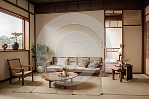 Zen room interior wooden wall on tatami mat floor, low table and armchair.ing