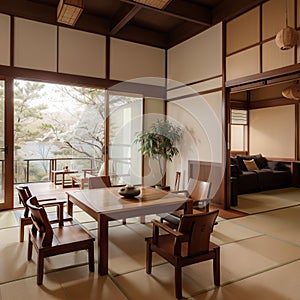 Zen room interior wooden wall on tatami mat floor low table and armchair ing